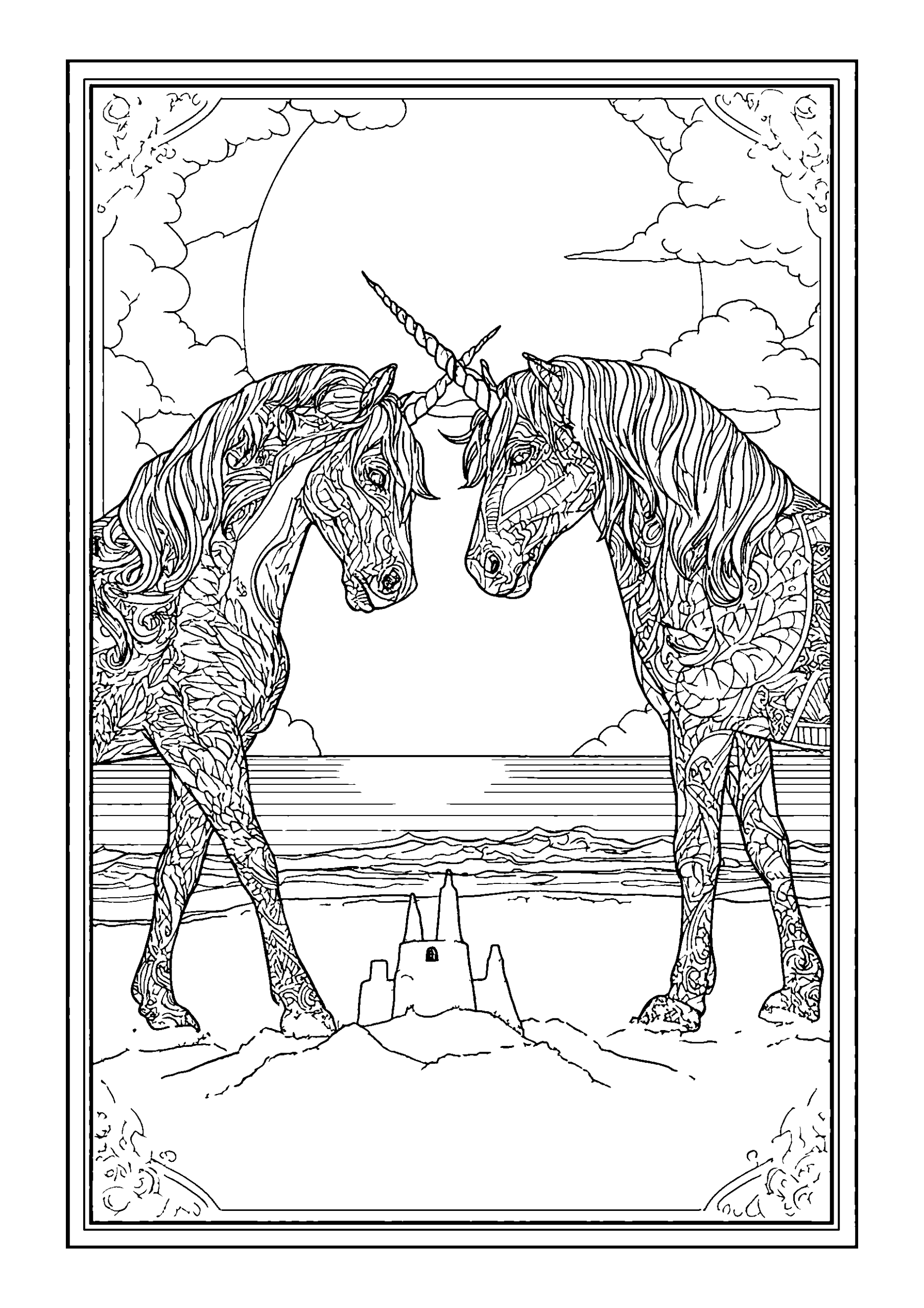 Ausmalbild Unicorns Building a Sandcastle by the Shore