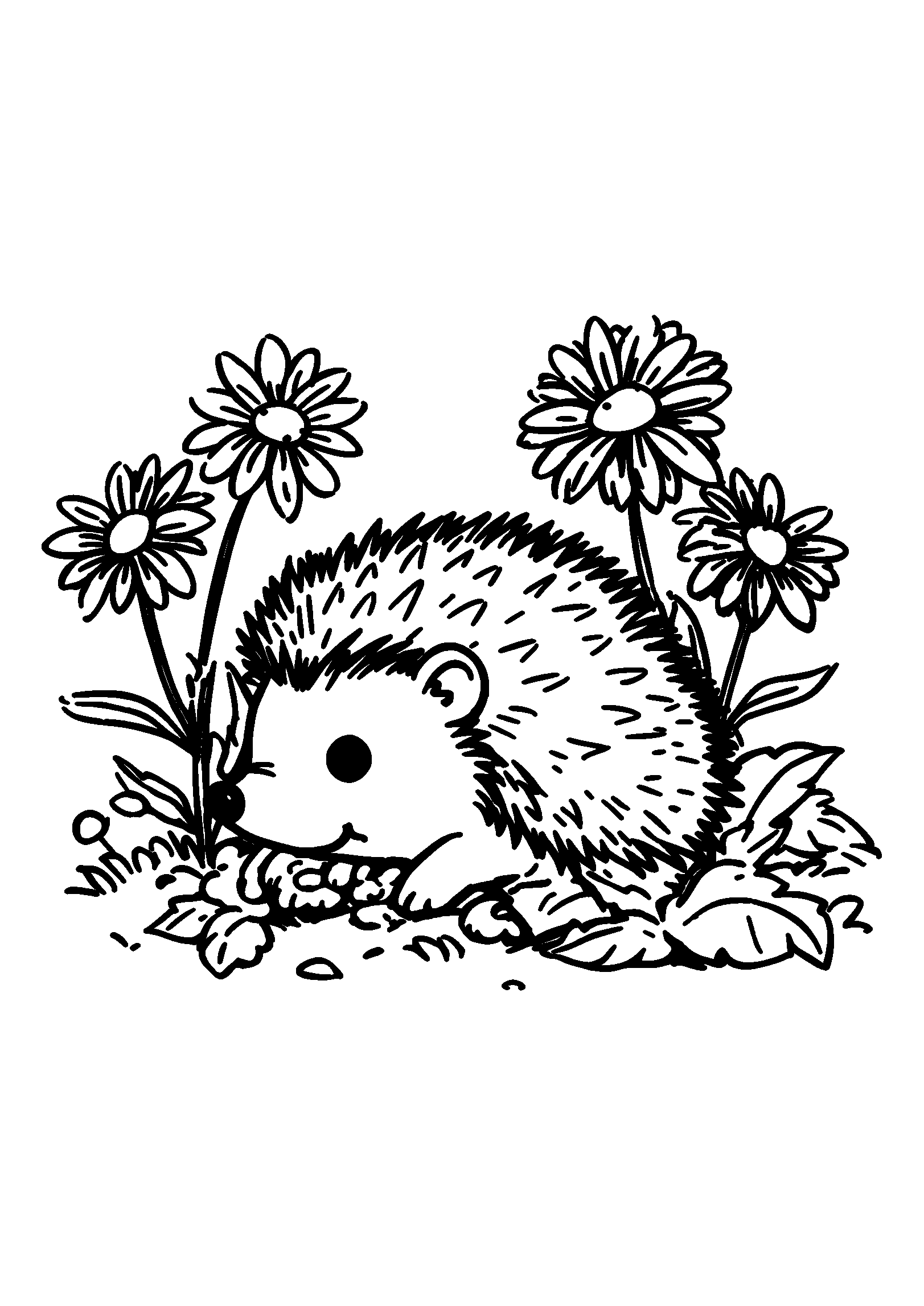 Ausmalbild Hedgehog Nestled Between Daisies in a Sunlit Clearing