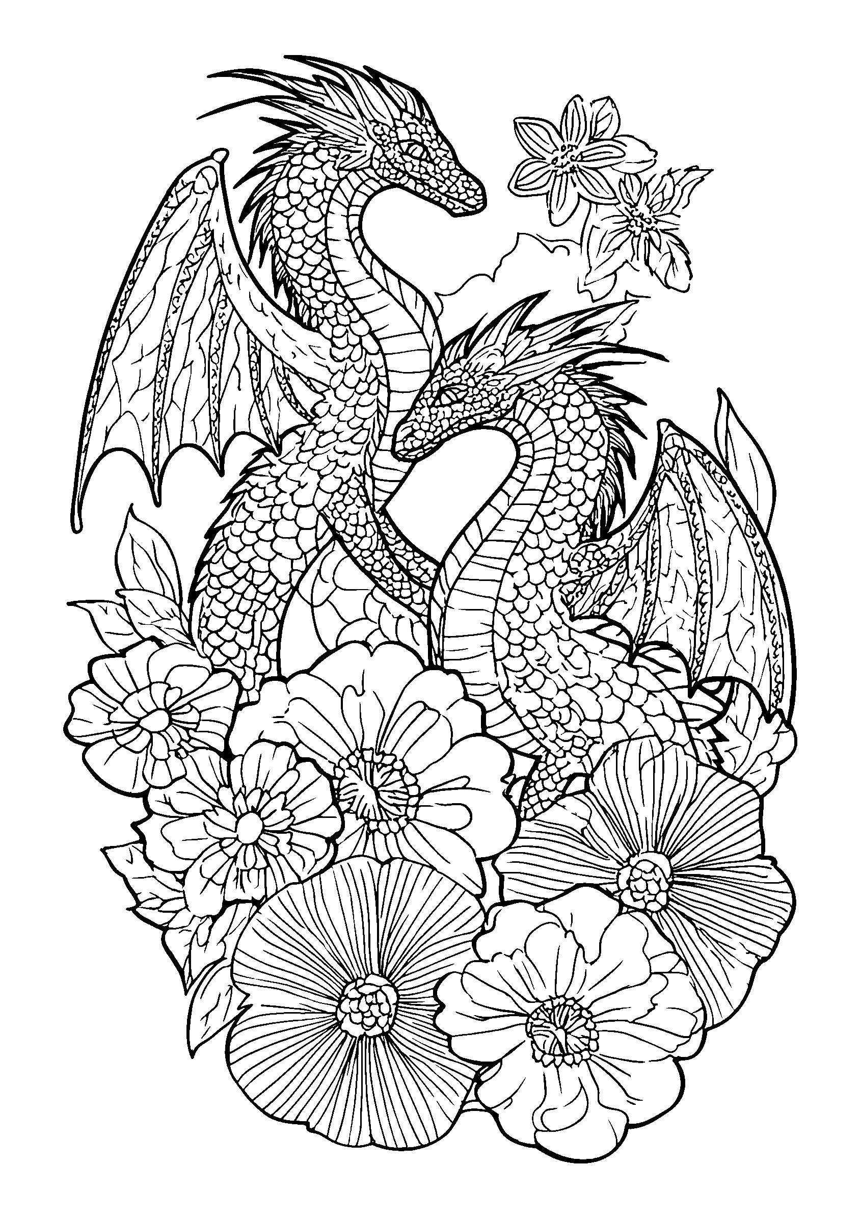 Ausmalbild Dragons Sharing a Stack of Colorful Flowers