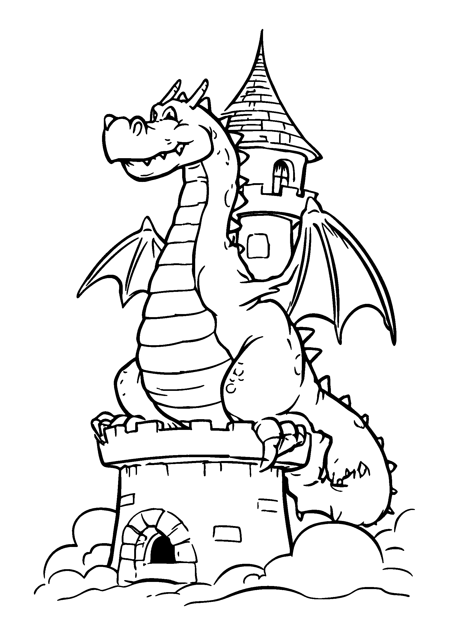 Ausmalbild Dragon Surveying its Realm from a High Castle Tower