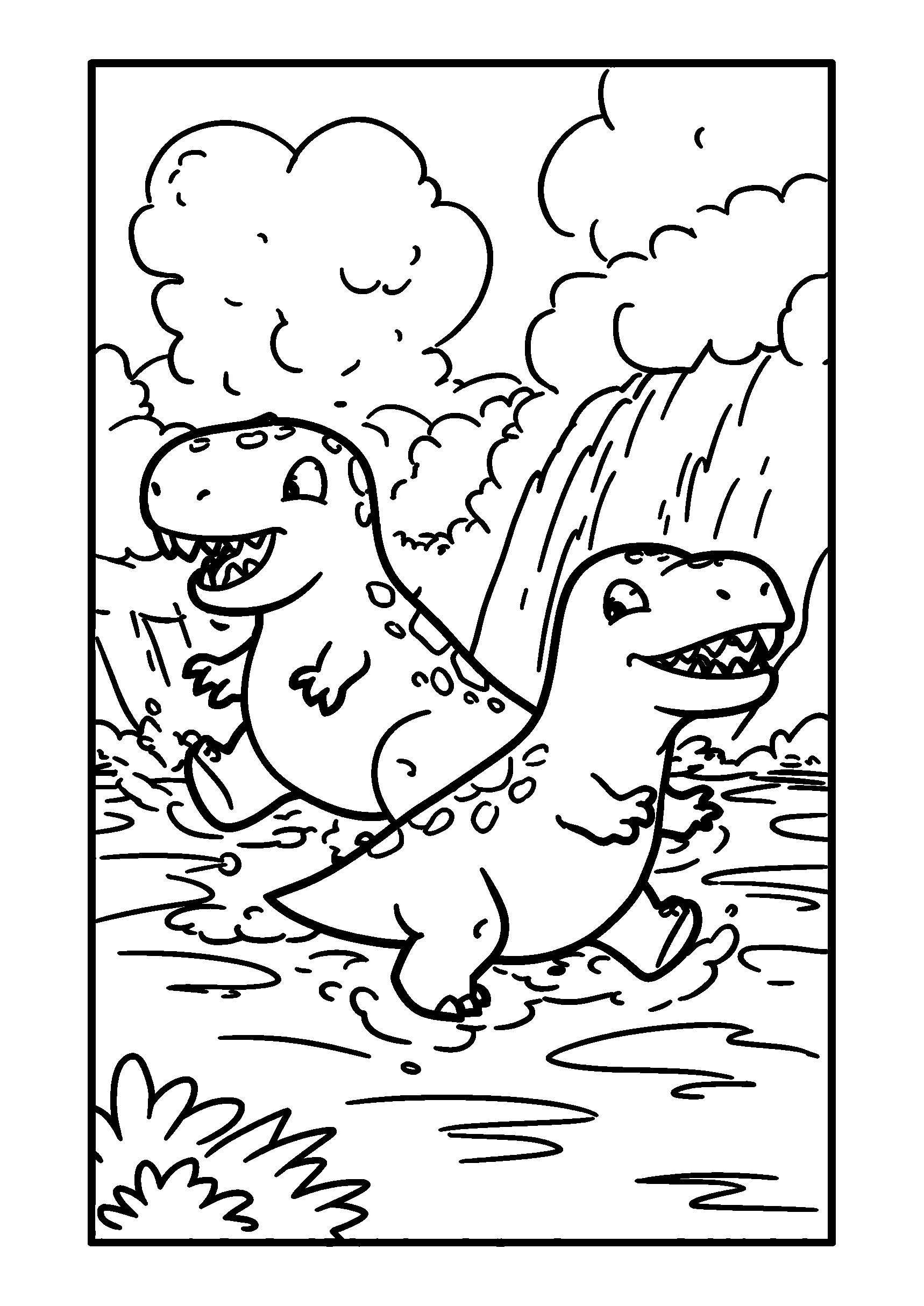Ausmalbild Dramatic Scene of Dinosaurs in a Raging River