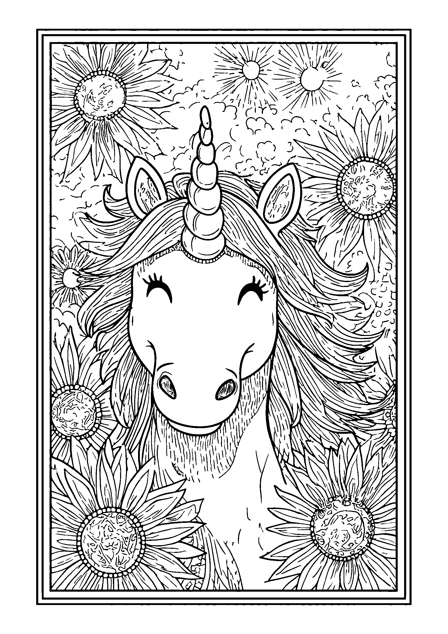 Ausmalbild Unicorn Smiling While Surrounded by Smiling Suns