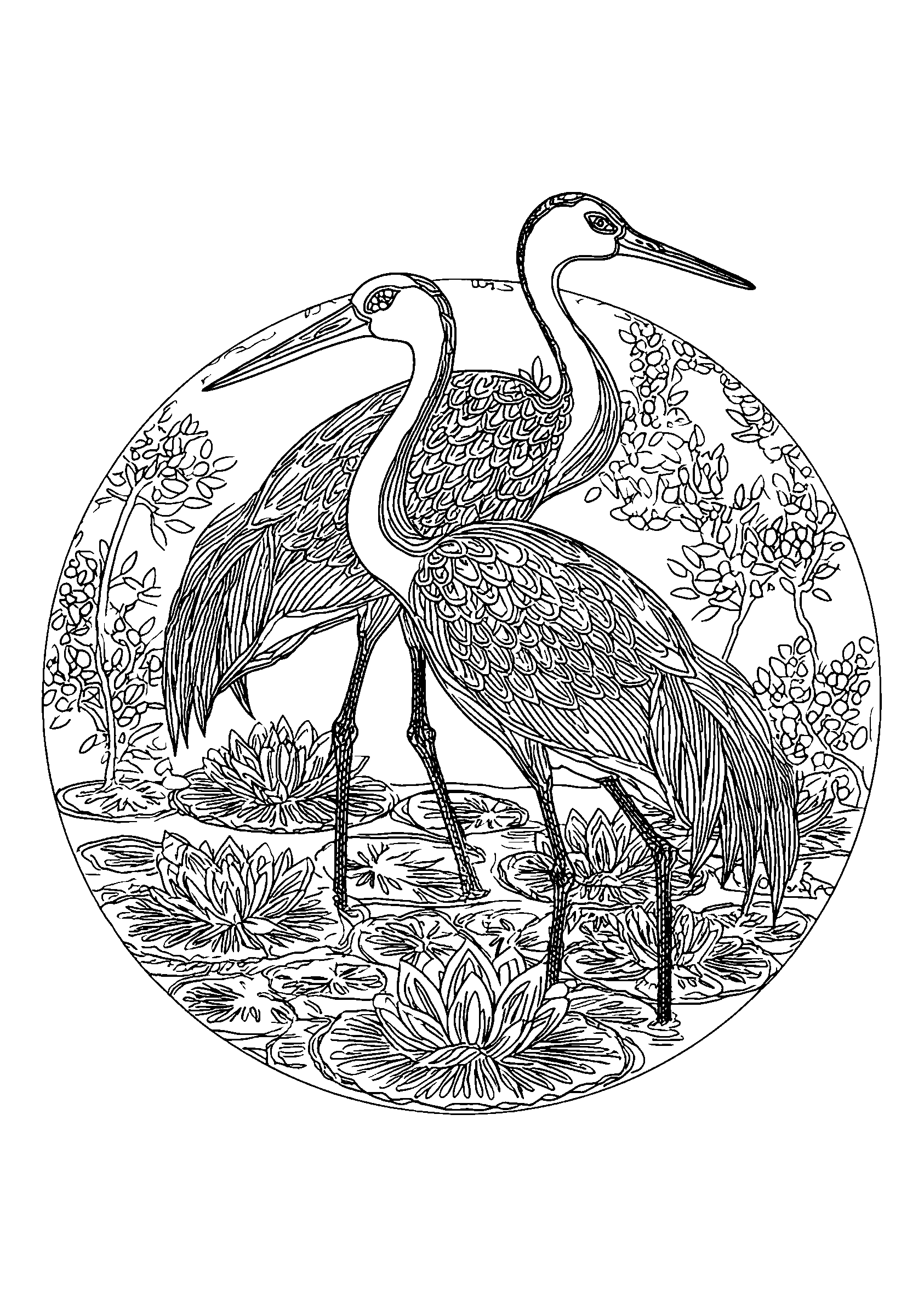 Ausmalbild Elegant Cranes Wading Through a Pond Filled with Lilies