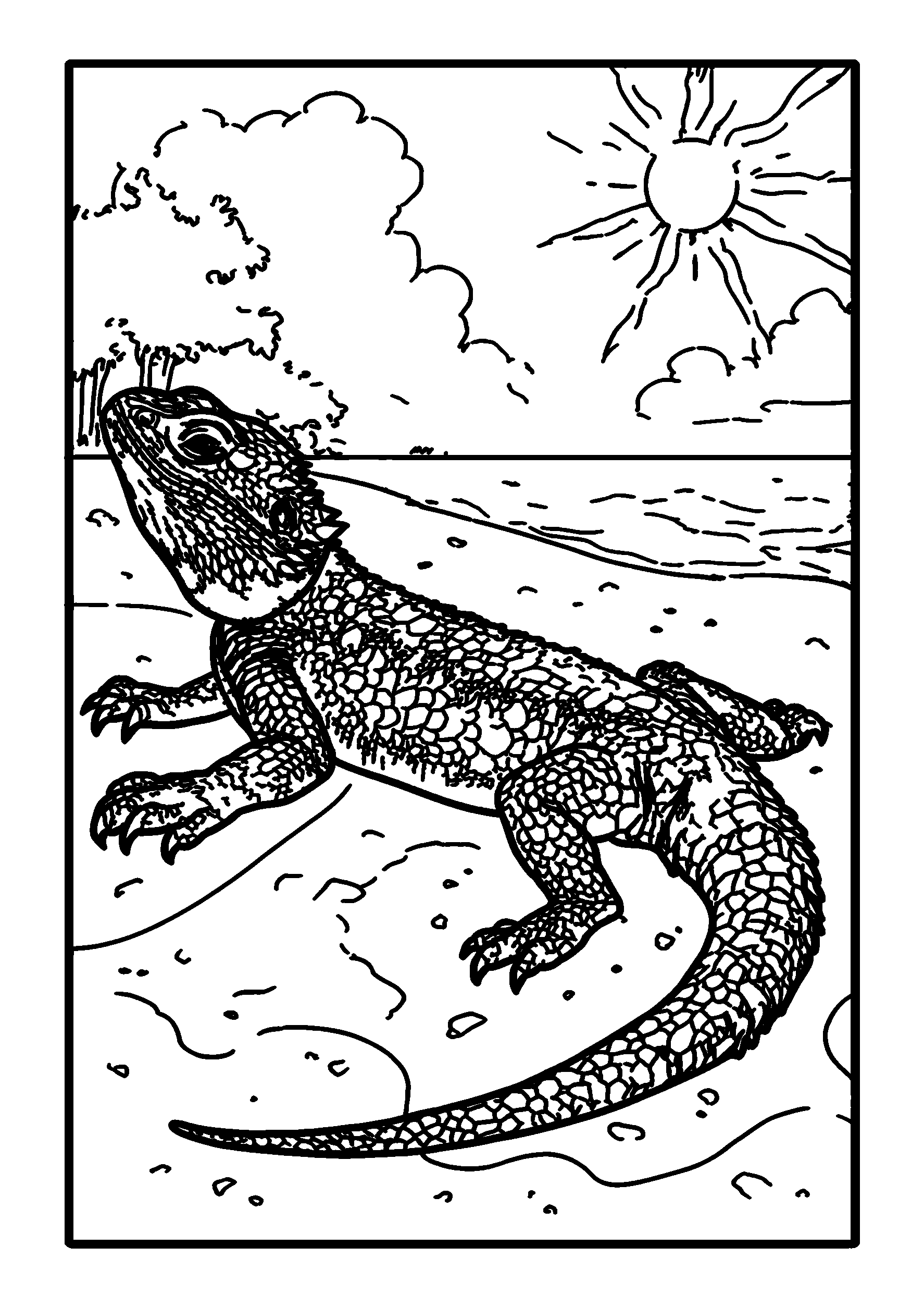 Ausmalbild Amphibious Dinosaurs Lounging on a Sunlit Beach