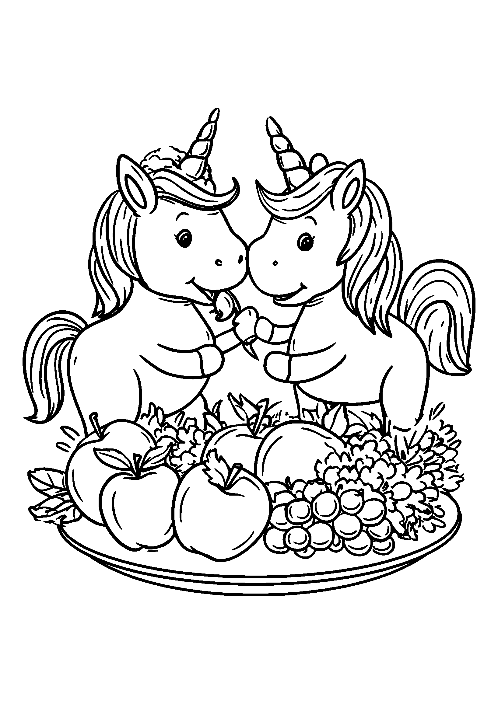 Ausmalbild Unicorns Tasting Fresh Fruits at a Garden Feast